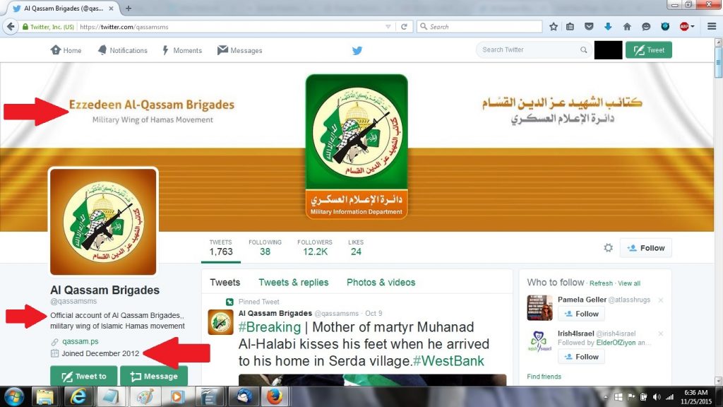 25Nov15 Hamas Al Qassam Brigade on Twitter since Dec2012